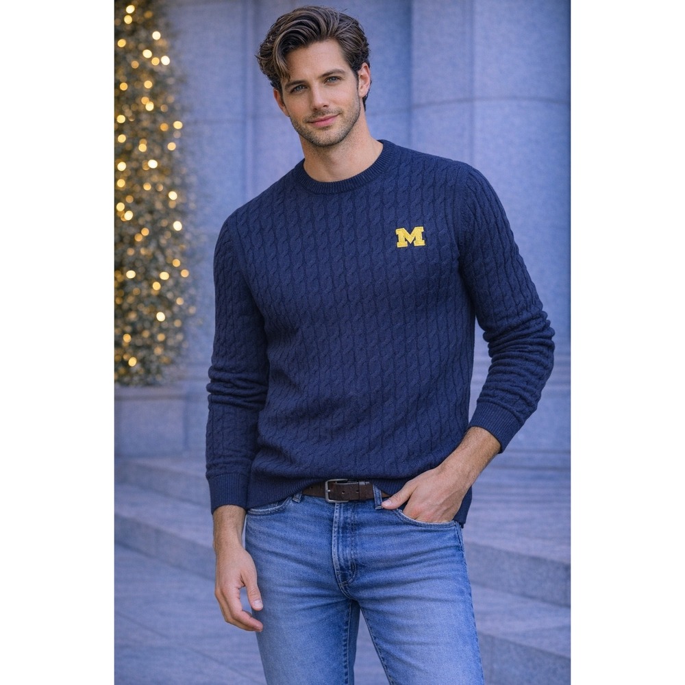 Brooks Brothers Cable Knit Sweater Michigan M Logo Cotton Cashmere Men's Medium